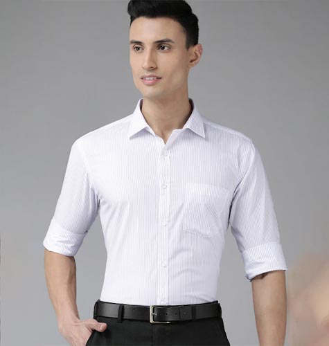 Men White & Purple Slim Fit Pinstriped Pure Cotton Formal Shirt